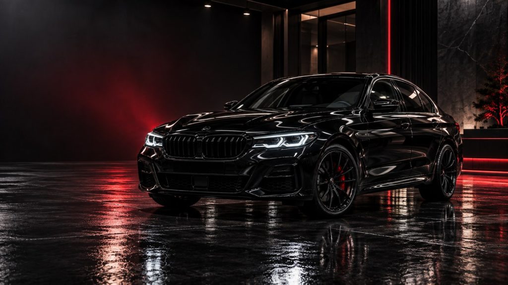 Dark SUV arriving inside a detailing shop lit with red accent light